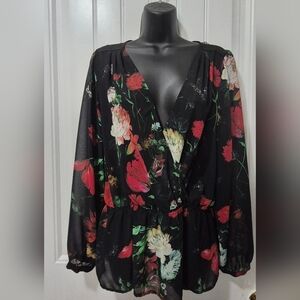 Womens Express Lace Sheer Rose Floral Blouse Size Large